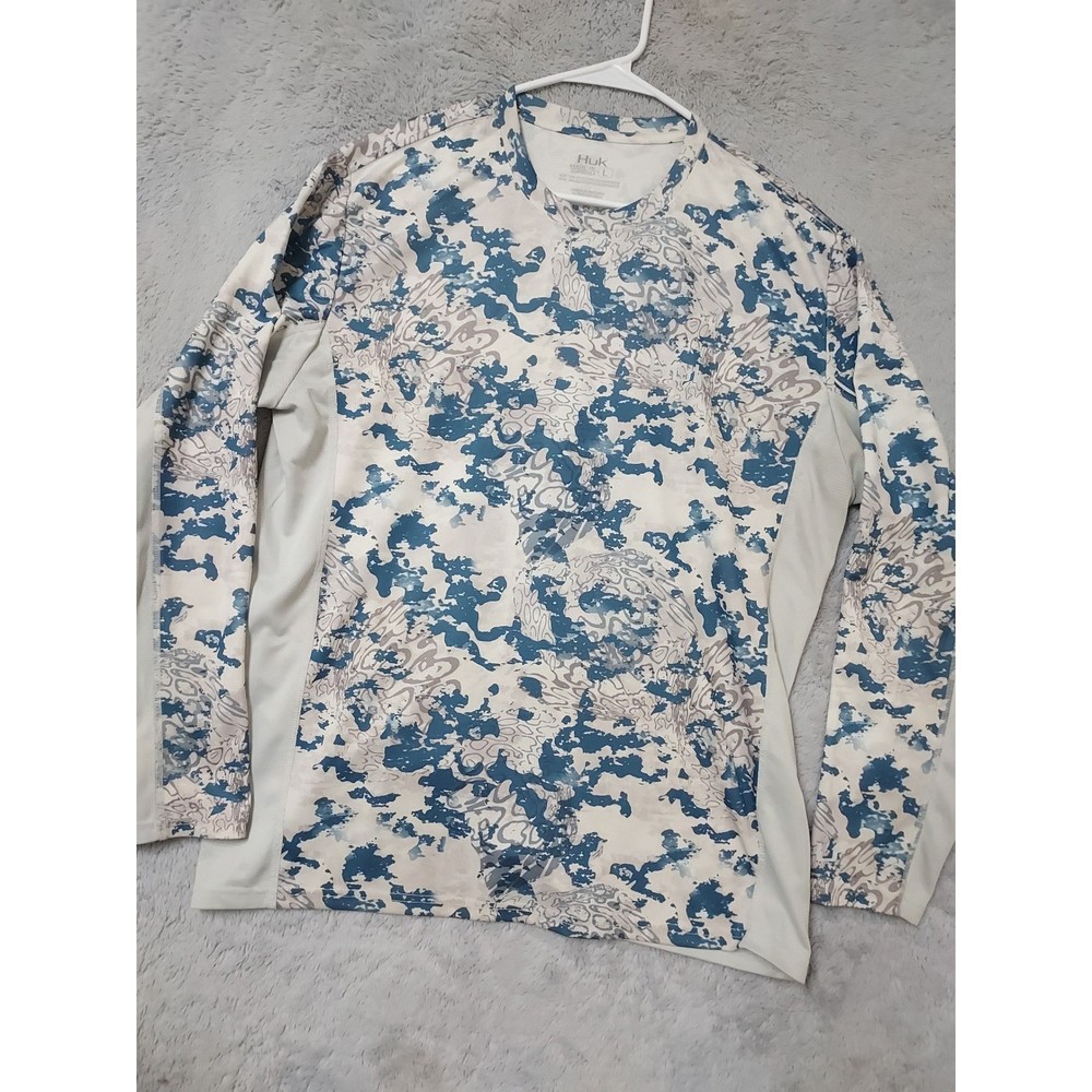 Huk Shirt Mens Large Fishing Performance Camo Long Sleeve White Blue WORN SPTOS