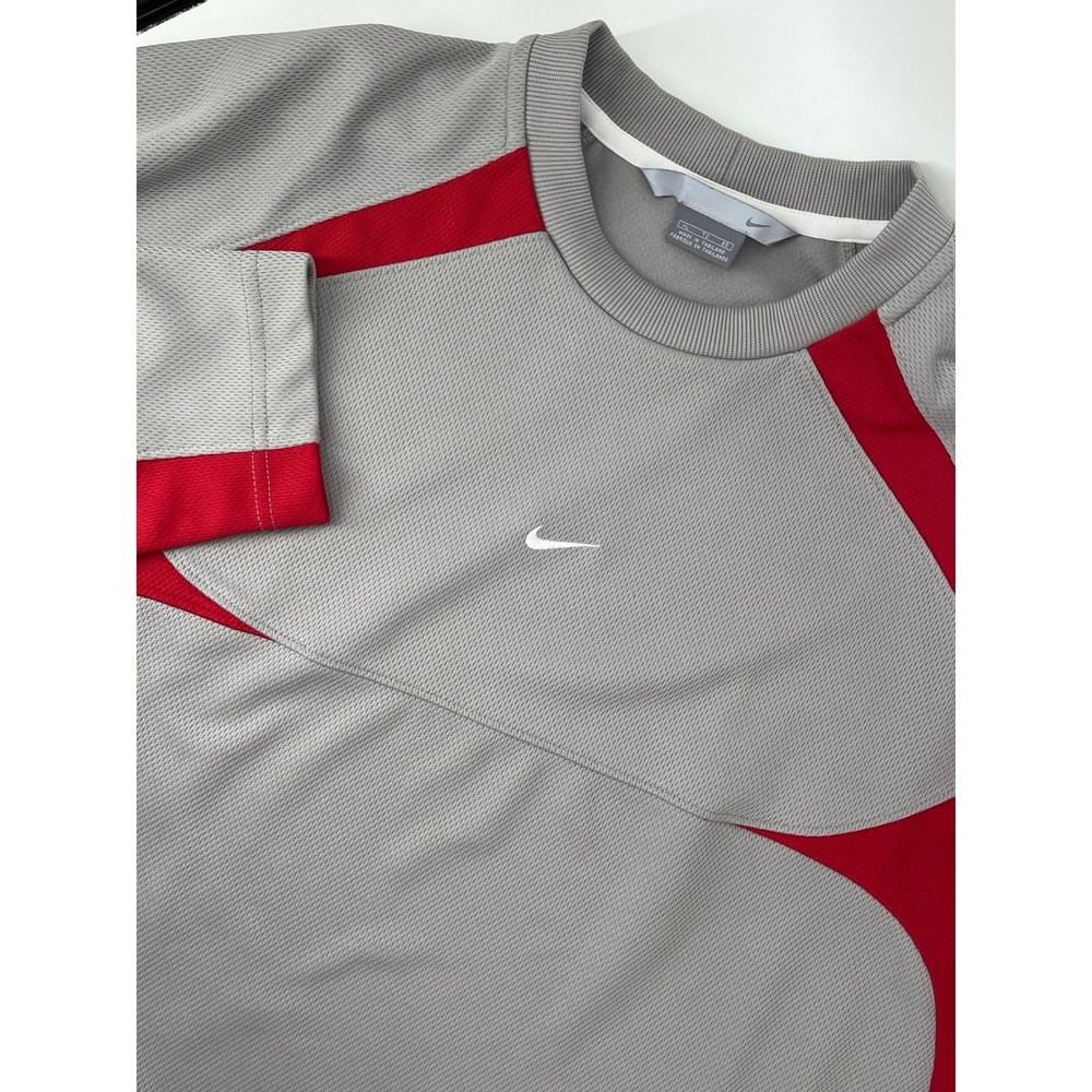 Nike Mens XL Long Sleeve Training Shirt Grey Red Colorblock Mesh Swoosh Y2K
