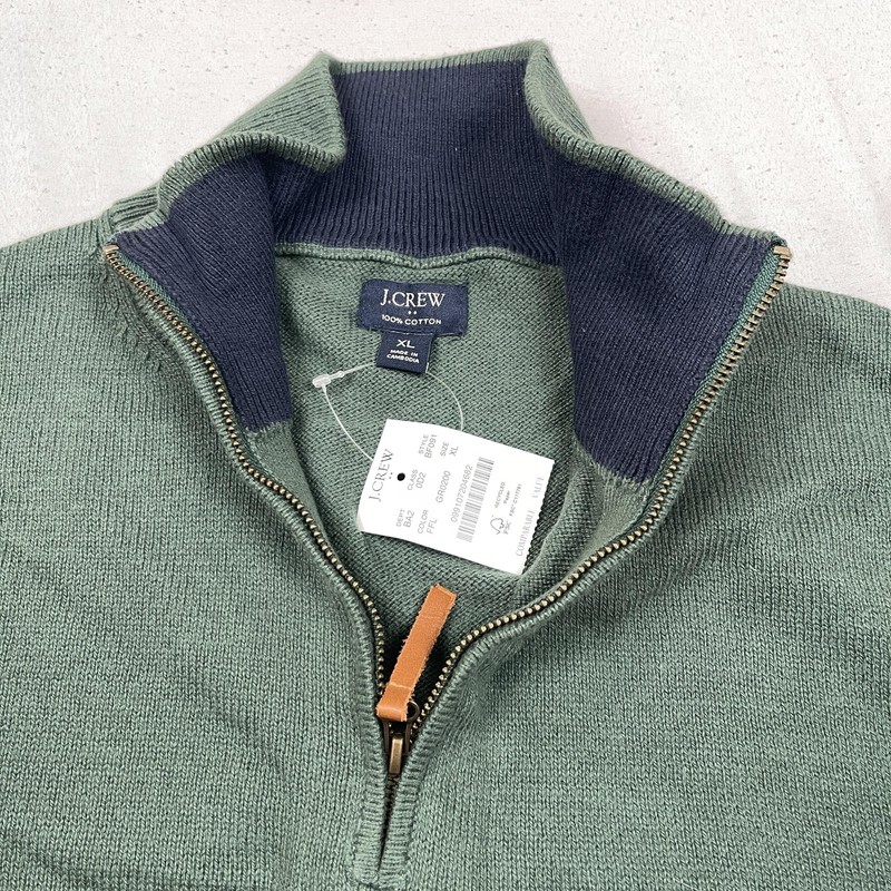 J.Crew Pullover Sweater Mens XL Green 1/4 Zip Cotton Knit Mock Neck Stand Collar gallery