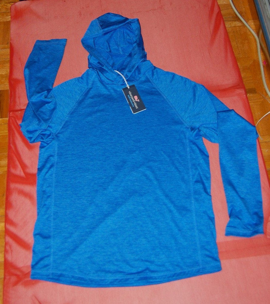 NWT Vineyard Vines Performance Men regatta blue hea LS hoodie tee Blank Harbor S