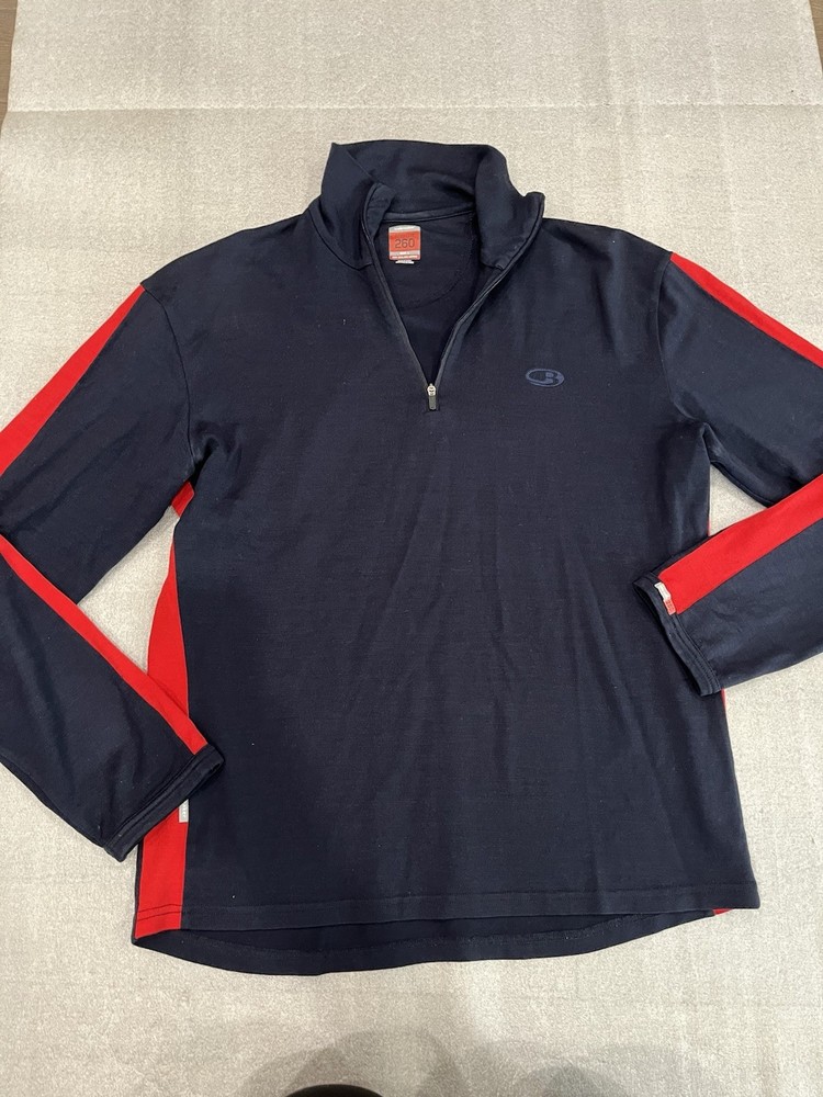 Icebreaker 260 Bodyfit men's L Merino Wool Navy Red 1/4 zip Sweatshirt Thumb Hol