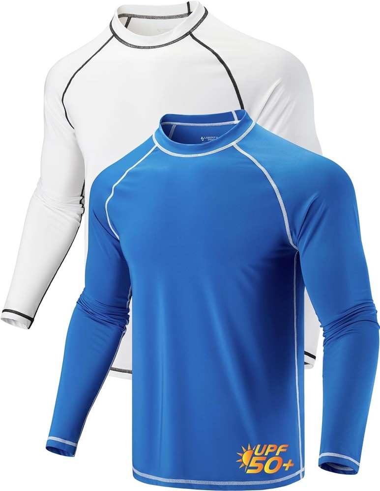 2 Pack Men's UPF 50+ Long Sleeve Swim Shirt Loose Fit Quick Dry Rash Guard