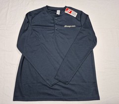 Snap On Tools Mens Long Sleeve Henley Shirt SZ LARGE Button Navy Sonic Blue