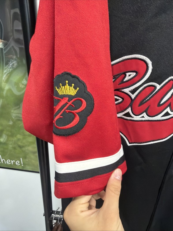 Budweiser Baseball Jersey Mens Large Game Time Button Up Black Red Beer gallery