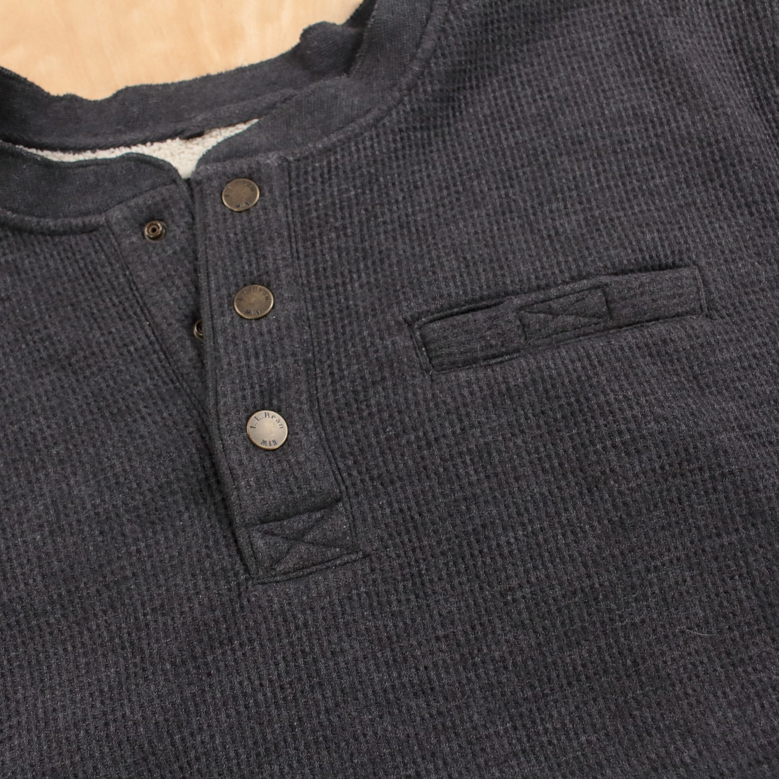 LL BEAN Katahdin Iron Works sherpa lined waffle thermal snap henley shirt XLT gallery