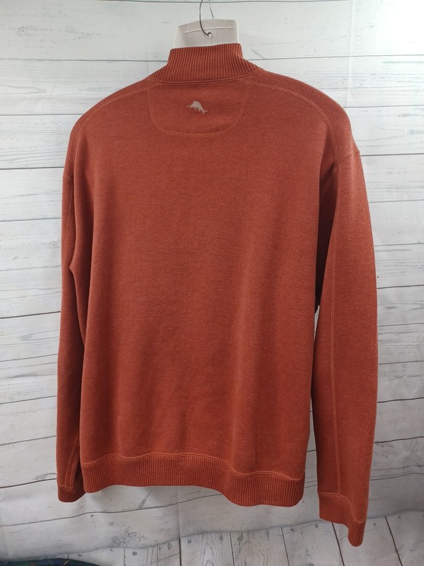 Tommy Bahama Men Orange Rust Brown Crochet Sweater Jacket Henley 1/4 Zip Sz XL gallery