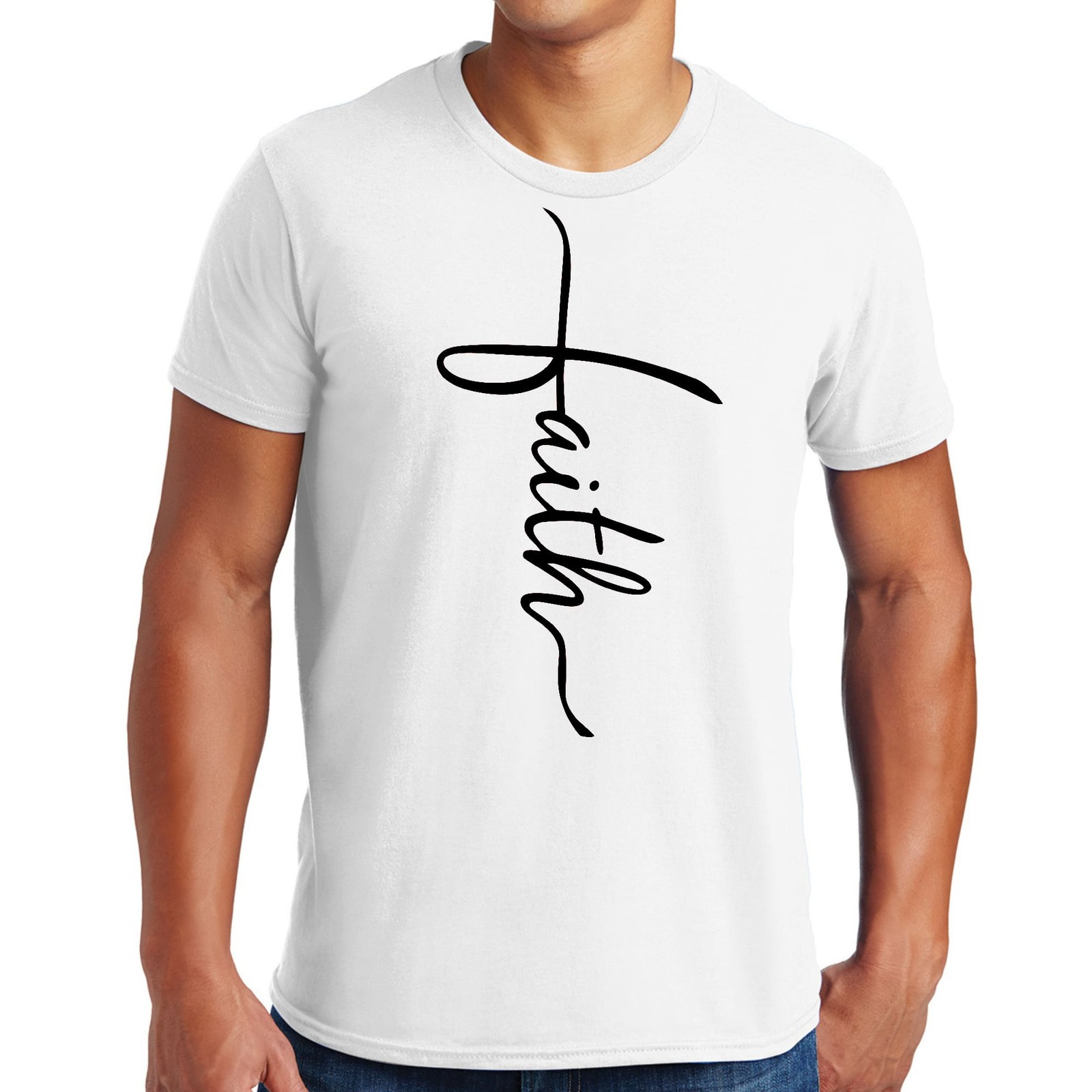 Mens Graphic T-shirt Faith Script Cross Black Illustration gallery