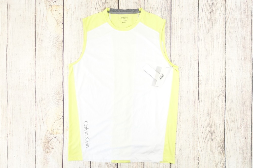 CALVIN KLEIN PERFORMANCE YELLOW WHITE MEDIUM SLEEVELESS TEE TSHIRT MENS NWT NEW