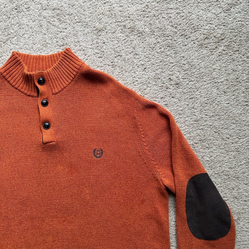 Chaps Sweater Mens XL 1/4 Button Mock Neck Long Sleeve Elbow Pads Orange gallery