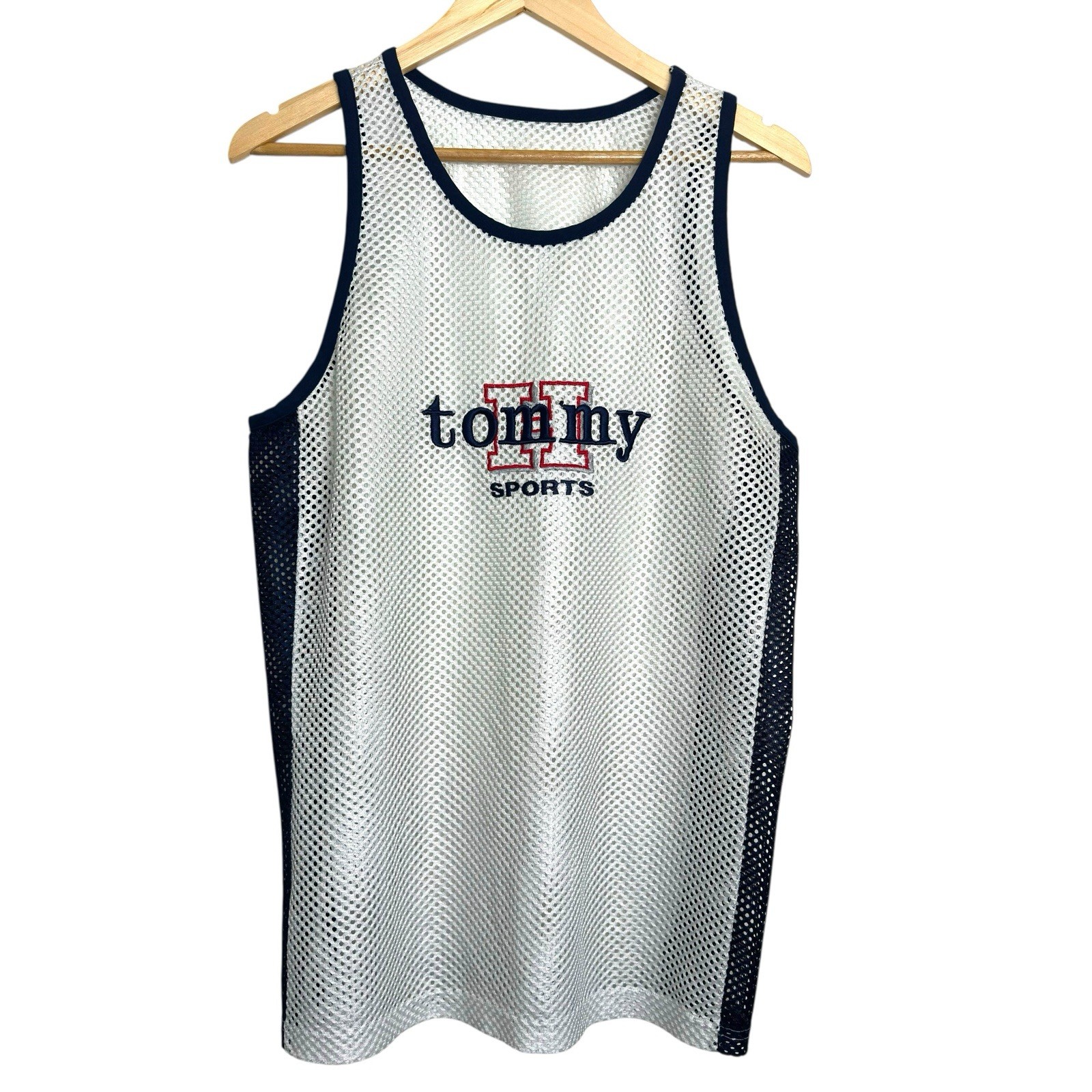 VTG 90s Tommy Sports Mesh Jersey Tank White/Blue Large Y2K Spellout gallery