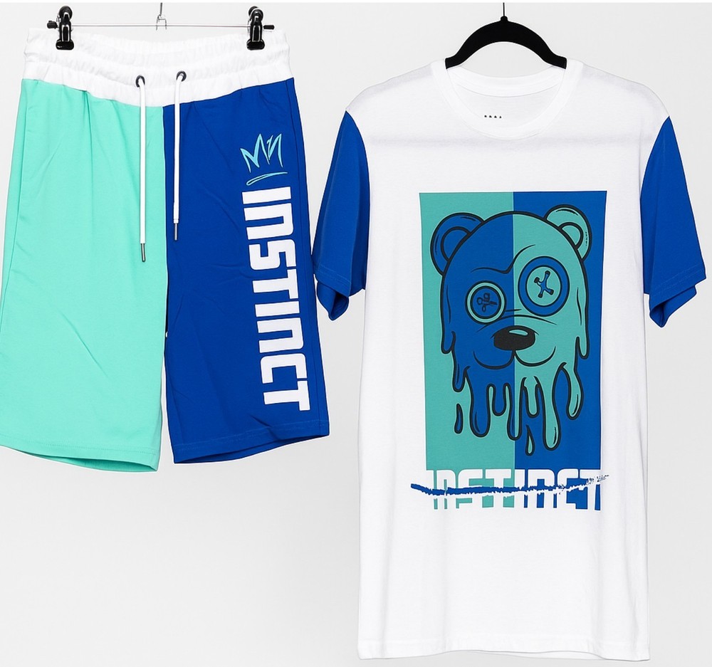 NWT- Instinct Drippy Bear Galaxy Harvic Graphic Shorts Set- White/Blue/Aqua