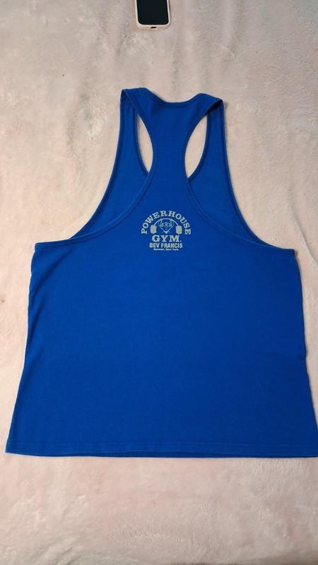 Powerhouse Gym Tank Top Mens Large Blue Logo Stringer Bodybuilding Workout gallery