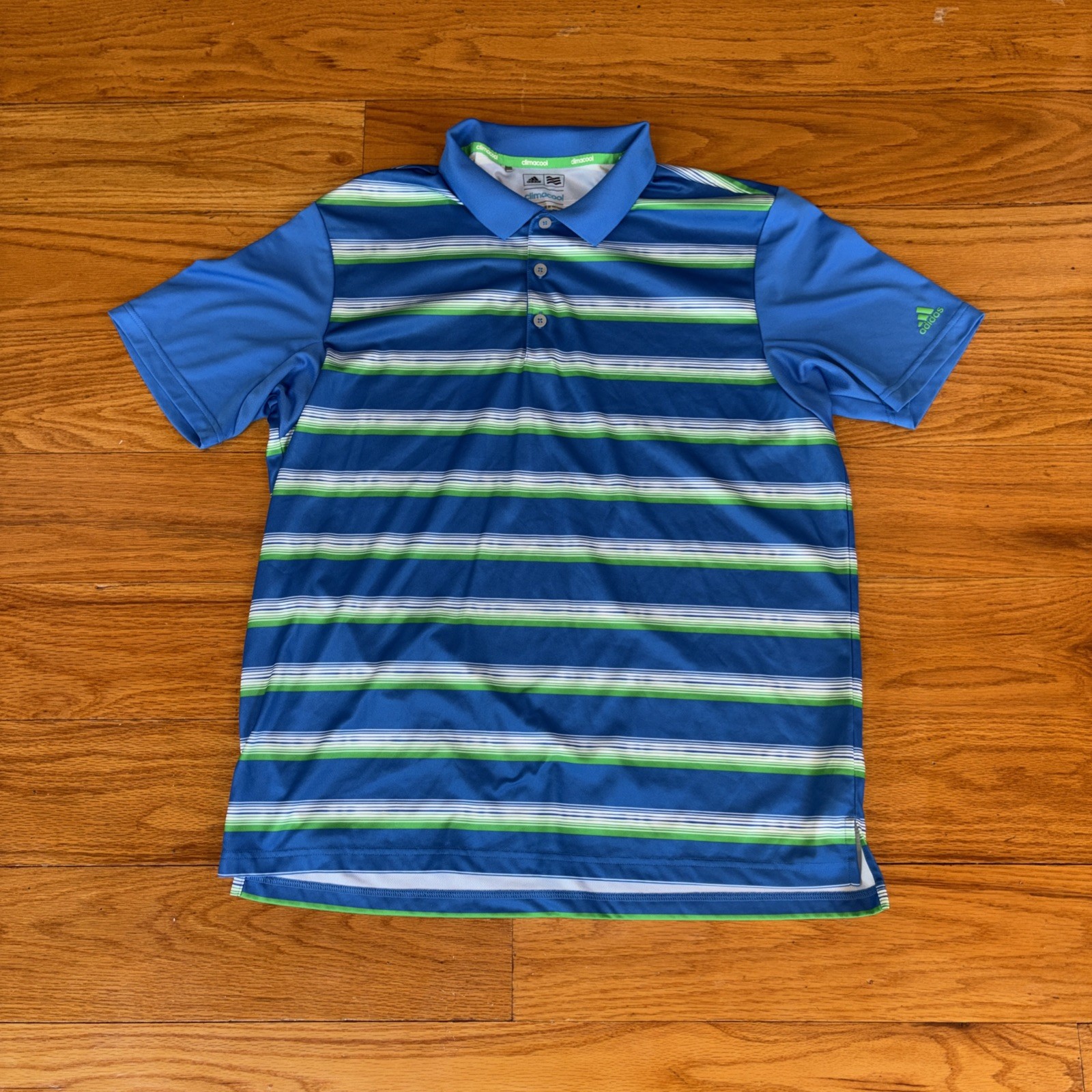 ADIDAS CLIMA-COOL Bright Blue And Green Golf Polo Collared Shirt Men's Large gallery