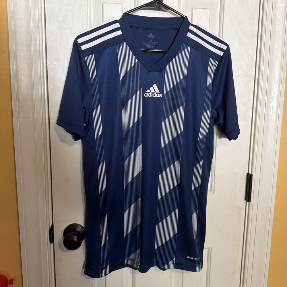 Adidas Soccer Jersey V-Neck Aero ready Mens Small Blue Geometric 3 Stripe