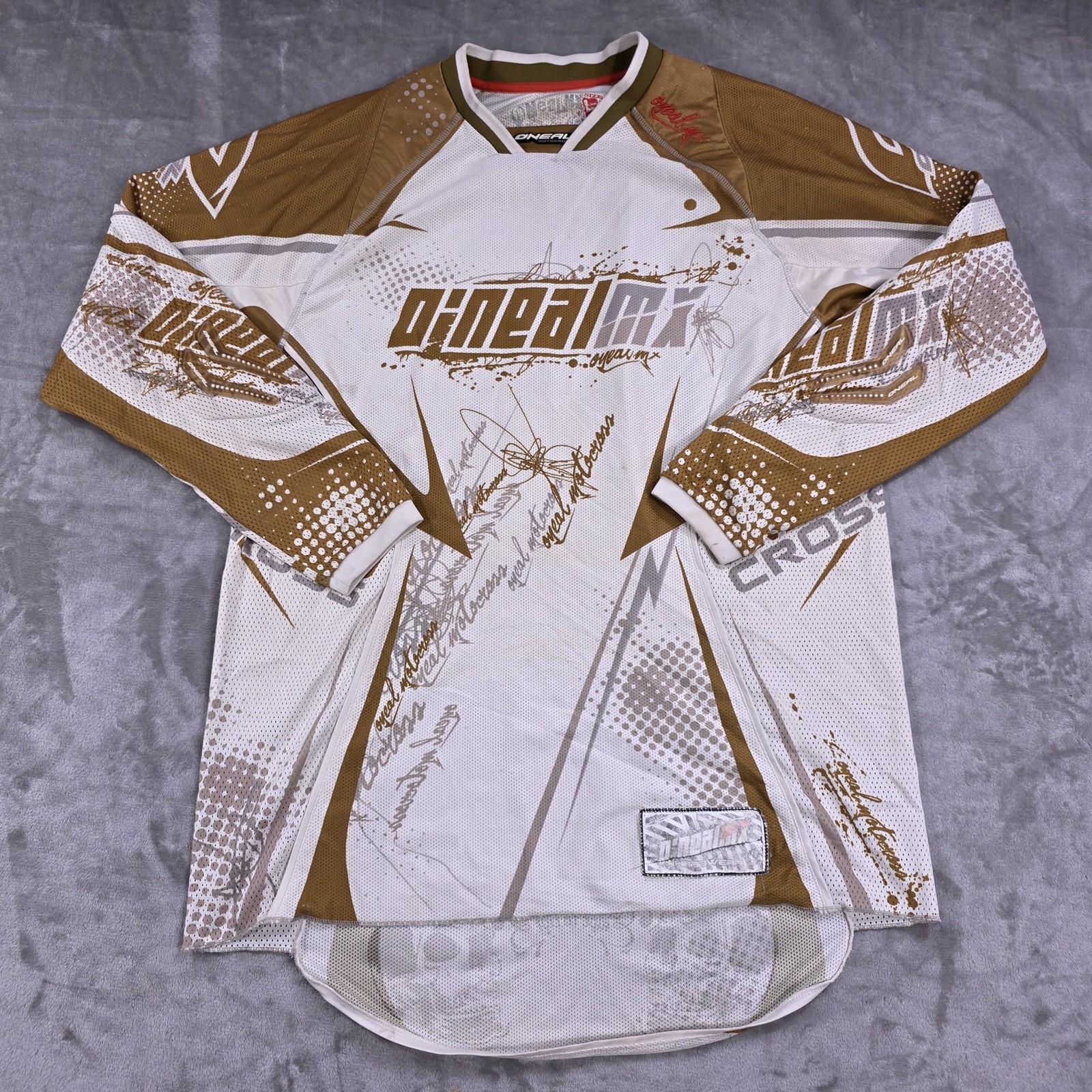O'Neal MX Motocross Jersey Shirt Mens Large White Gold Long Sleeve Mesh Raglan gallery