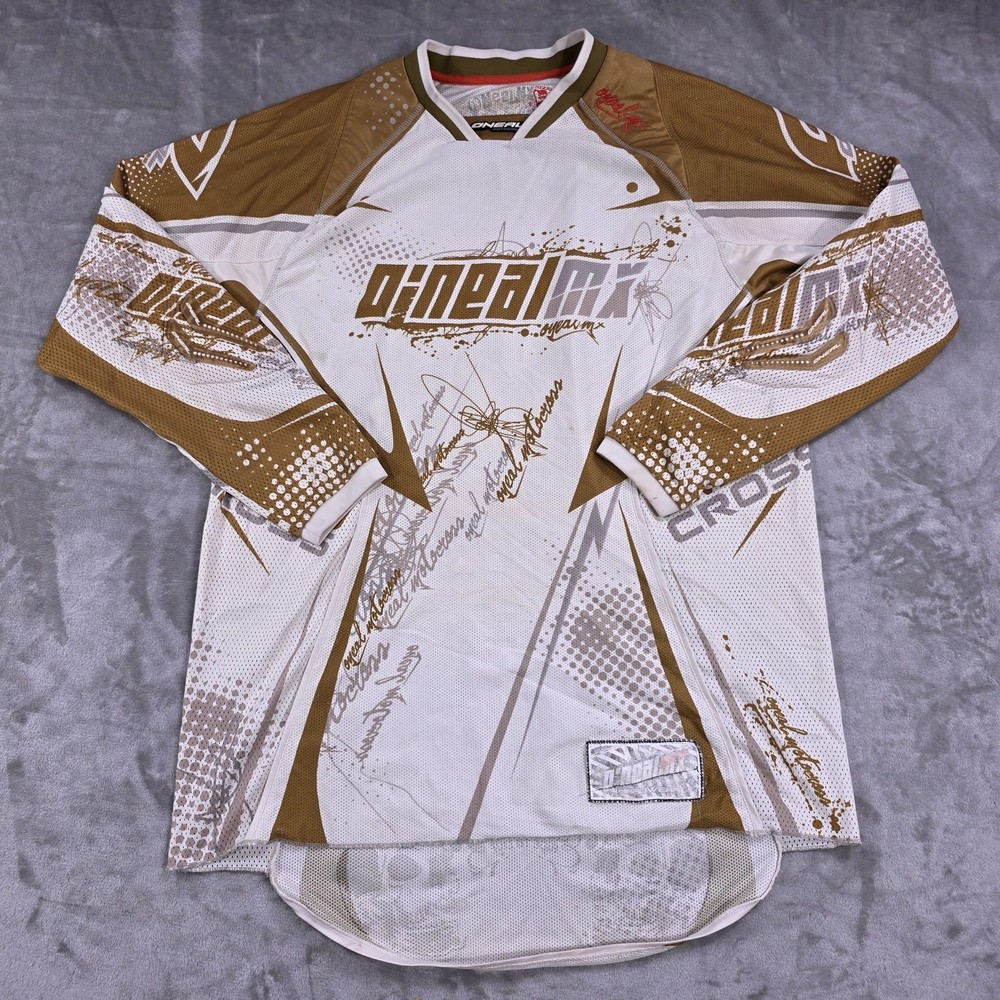 O'Neal MX Motocross Jersey Shirt Mens Large White Gold Long Sleeve Mesh Raglan