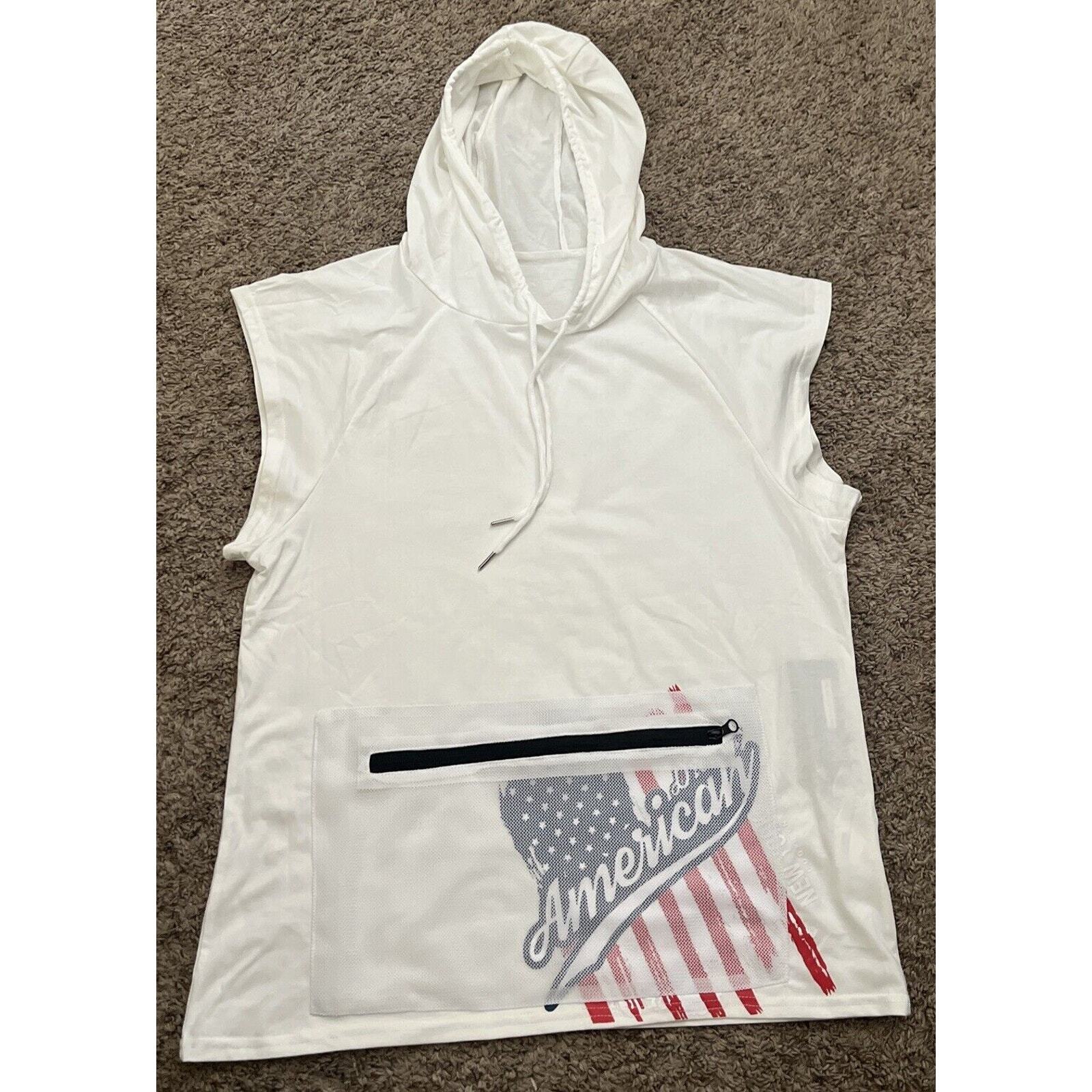 Daupanzees Men's USA Freedom Workout Short Sleeve White Sleeveless Hoodie Medium gallery
