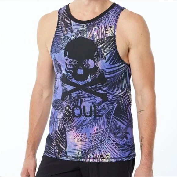 SOULCYCLE SKULL GOTH BLACK PURPLE LEAF TROPICAL UNISEX PERFORMANCE MESH TANK - S