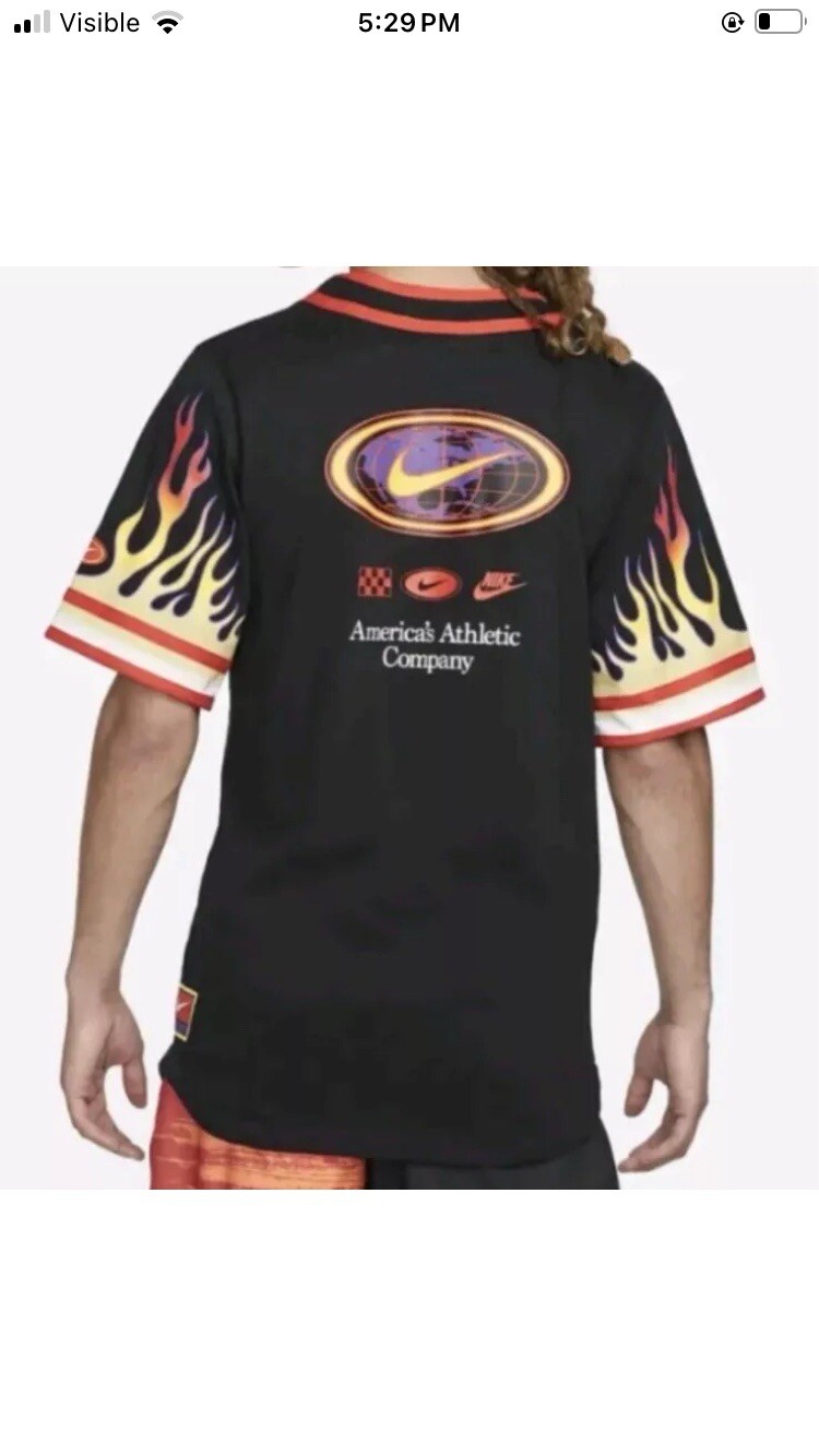 Nike Americana Top Flames Button Shirt Black Orange Sz Small DV9642-010 gallery