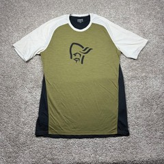 Norrona Fjora Wool T-Shirt Mens Medium Olive Drab Caviar MTB Hiking Tee 2224-21