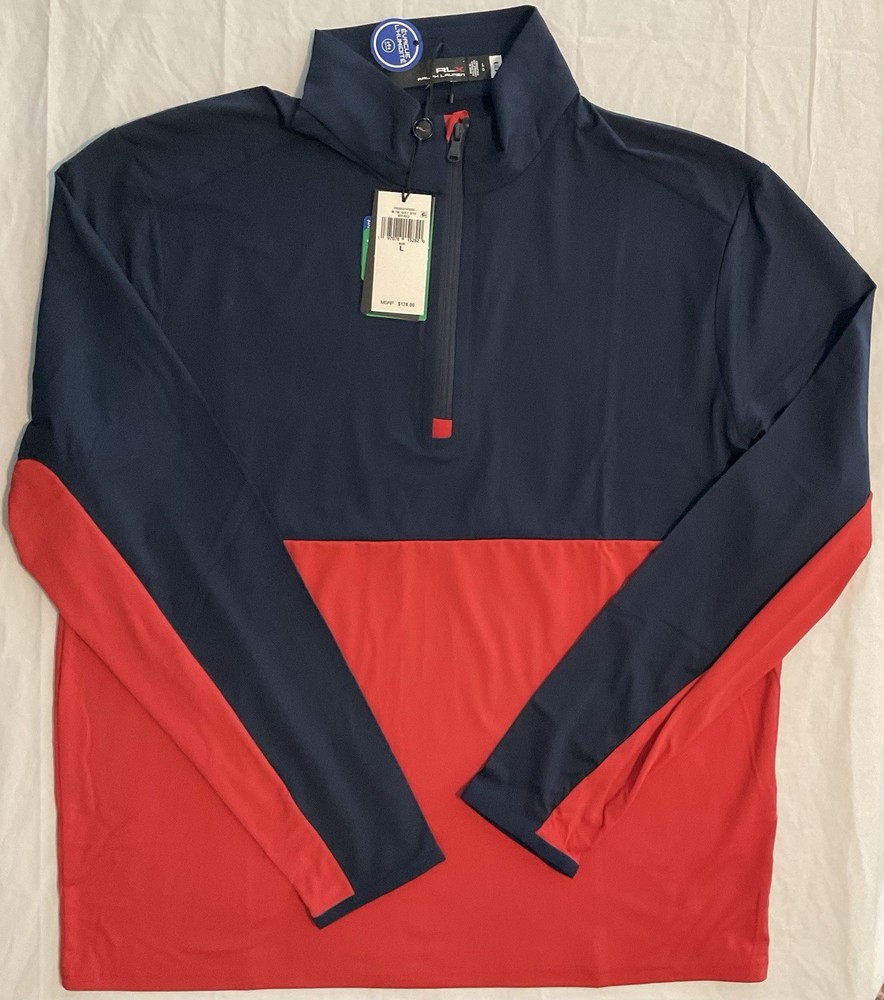 RLX Ralph Lauren Men’s Large 1/4 Zip Wicking Performance Golf Top Navy Red NEW