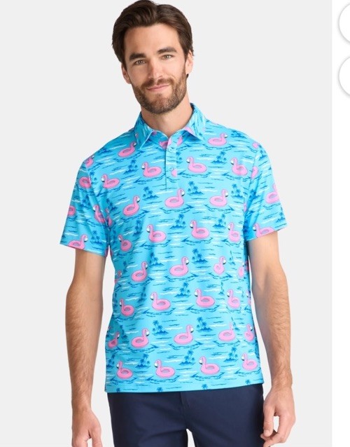Birdie Bound Men’s Performance Flamingo Print Golf Polo Shirt Size M Blue/ Pink gallery
