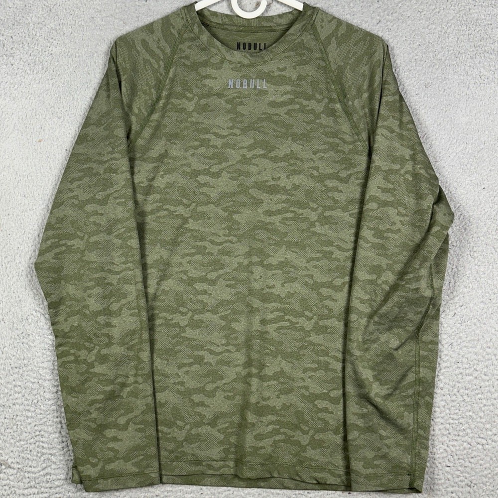 NOBULL Shirt Mens Large Olive Green Camo Jacquard Training Stretch Long Sleeve