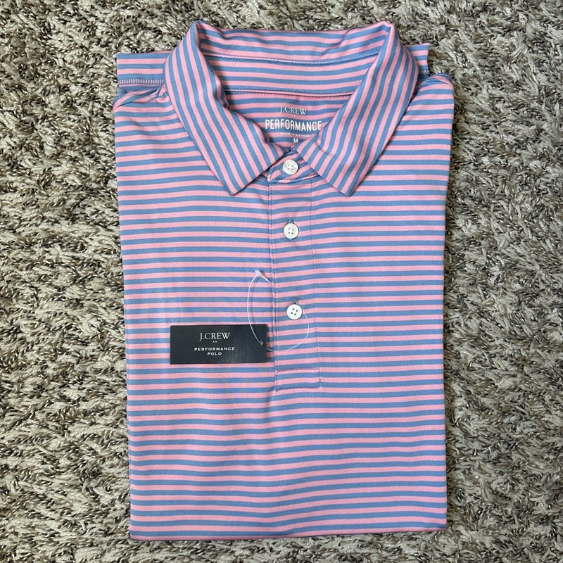 J Crew Performance Men's Polo Shirt, Pink Blue Striped, Medium, NWT gallery