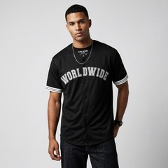 Forever 21 Worldwide Black Baseball Jersey Shirt Men’s XXL Button Up