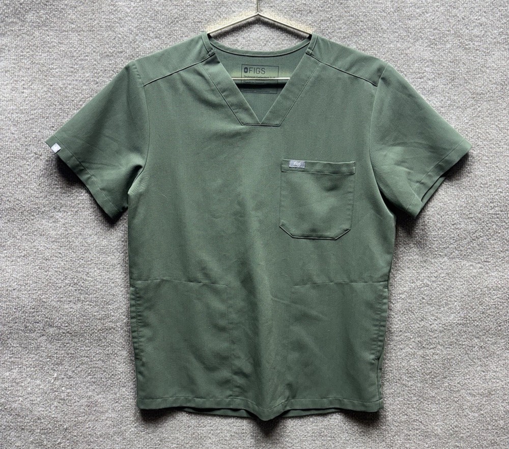 FIGS Technical Collection Olive Green V-Neck Scrub Top Small Mens Medical EUC