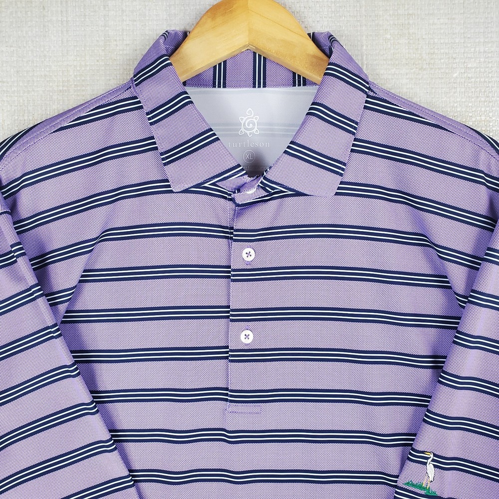 TURTLESON Size XL Mens Tour Performance Polo Shirt Lilac Black White Stripe Golf