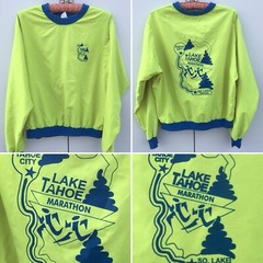 Lake Tahoe Marathon Graphic Tee Top Microfiber Neon Yellow W/ Blue Ringer Sz S