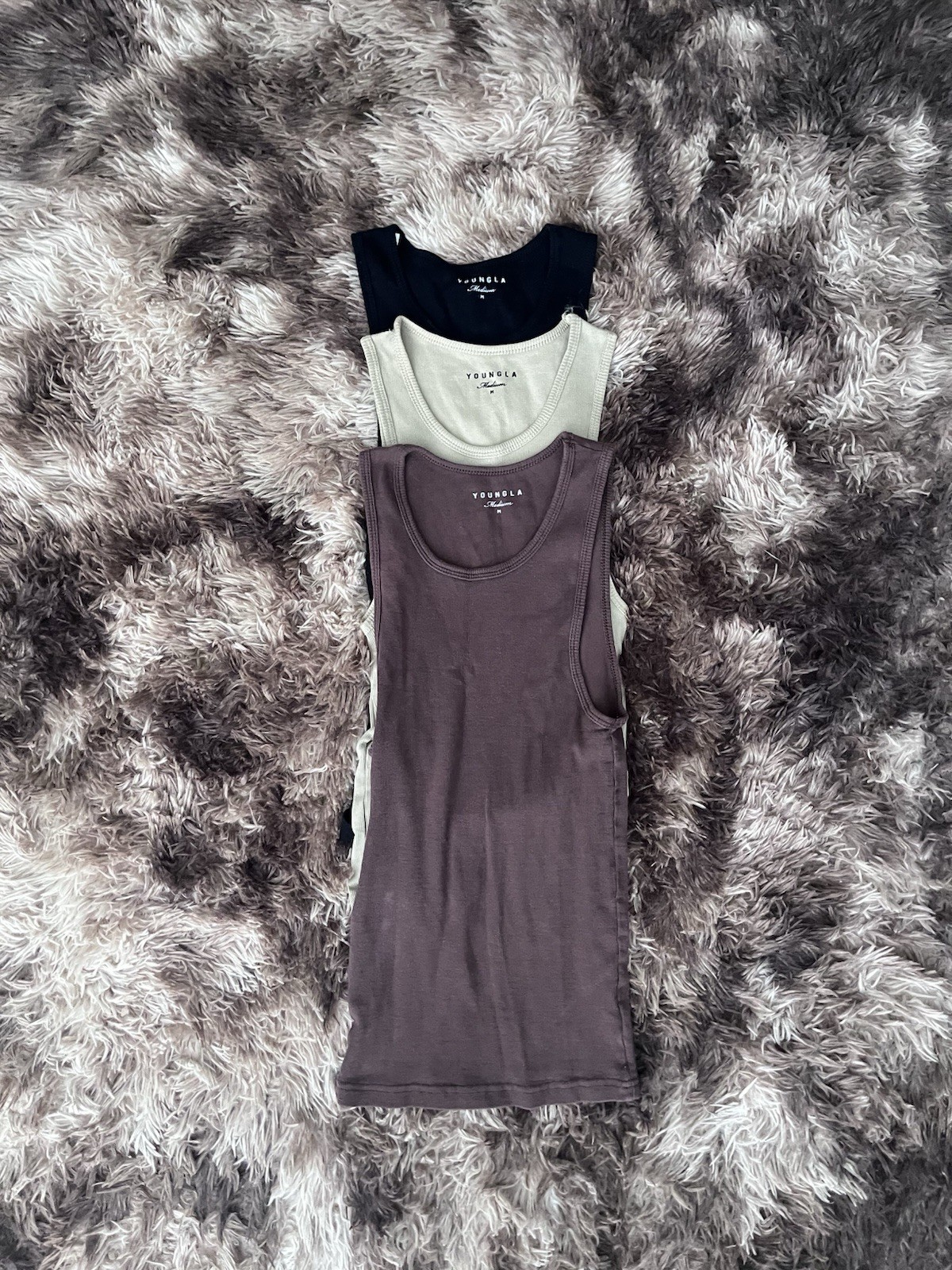 YOUNGLA Men's Medium Tank Tops Brown Beige Black Sleeveless Crew Neck gallery