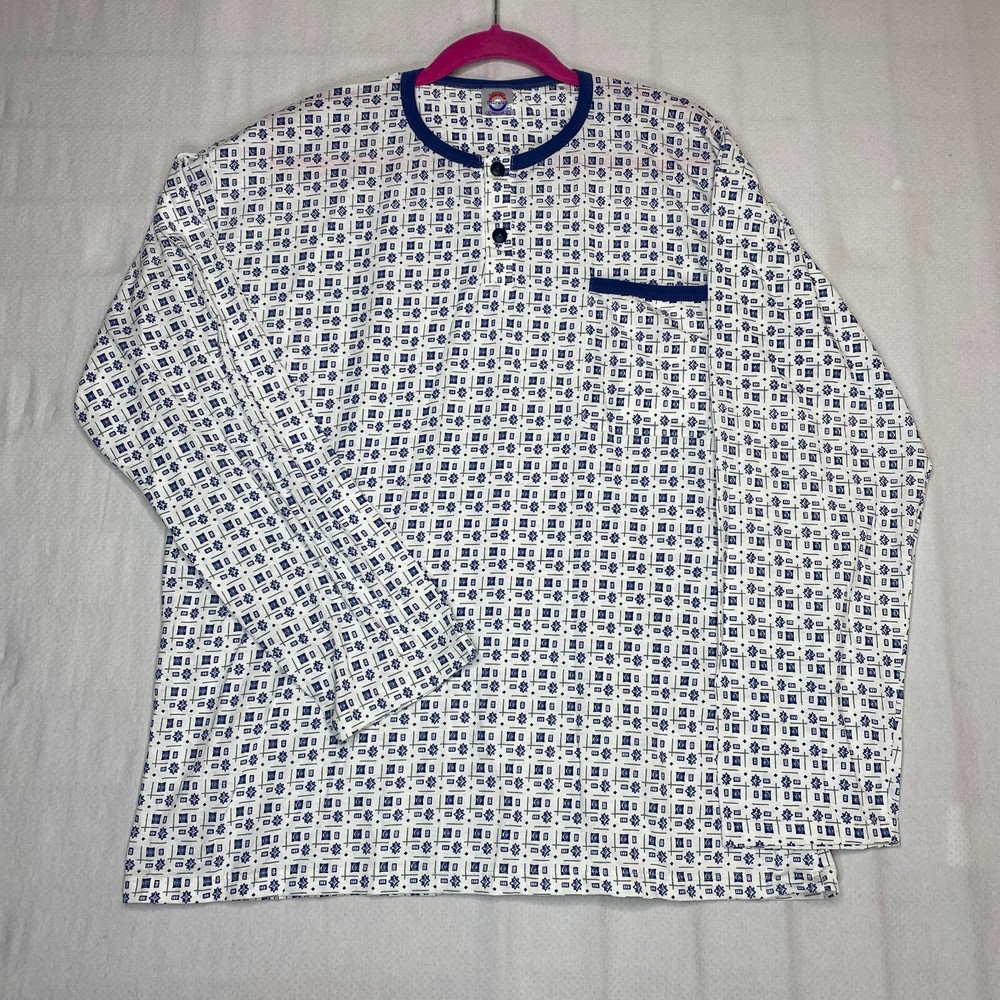 Morales Lounge Shirt sz 44 White Blue Henley 90s Retro Casual Retro Dad VINTAGE