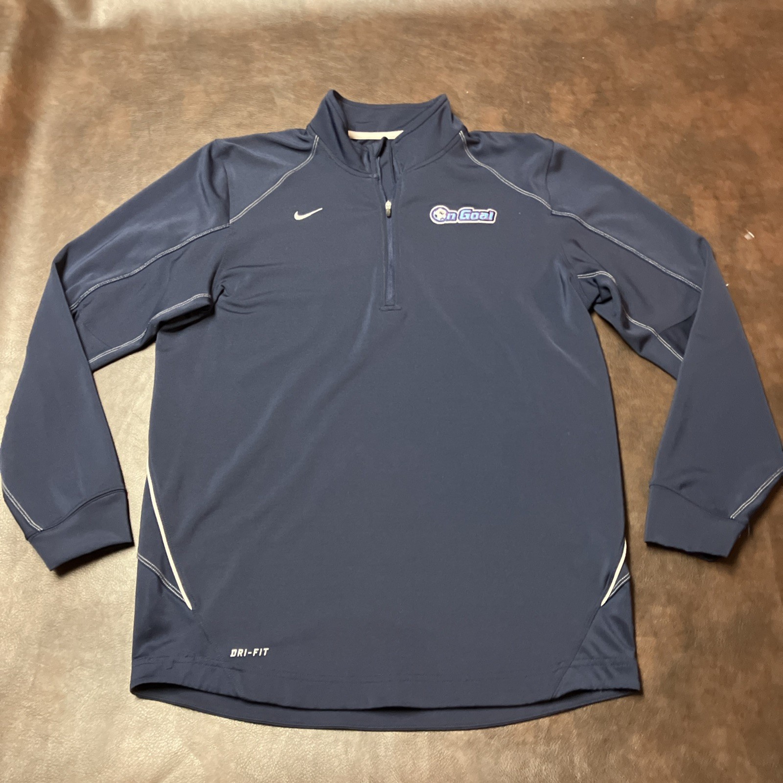 NIKE Dri-Fit Embroidered Soccer Mid-Weight 1/4 Zip Performance Pullover Navy VGC gallery