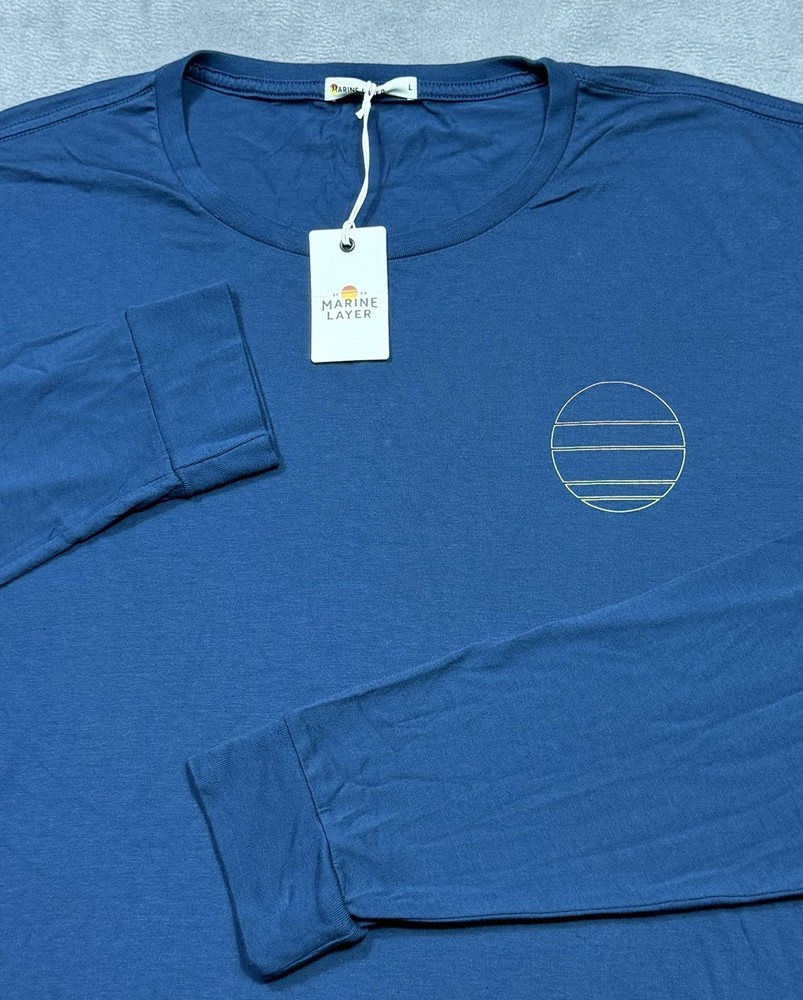 Marine Layer Shirt Mens L Crew Neck Performance Stretch Blue Athleisure Dad NEW