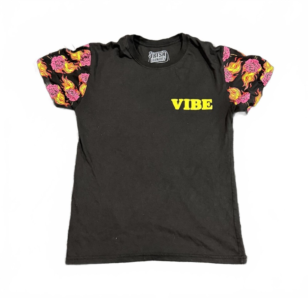 Fresh Laundry Vibe Graphic Black T-Shirt with Floral Flame Sleeves - Size M
