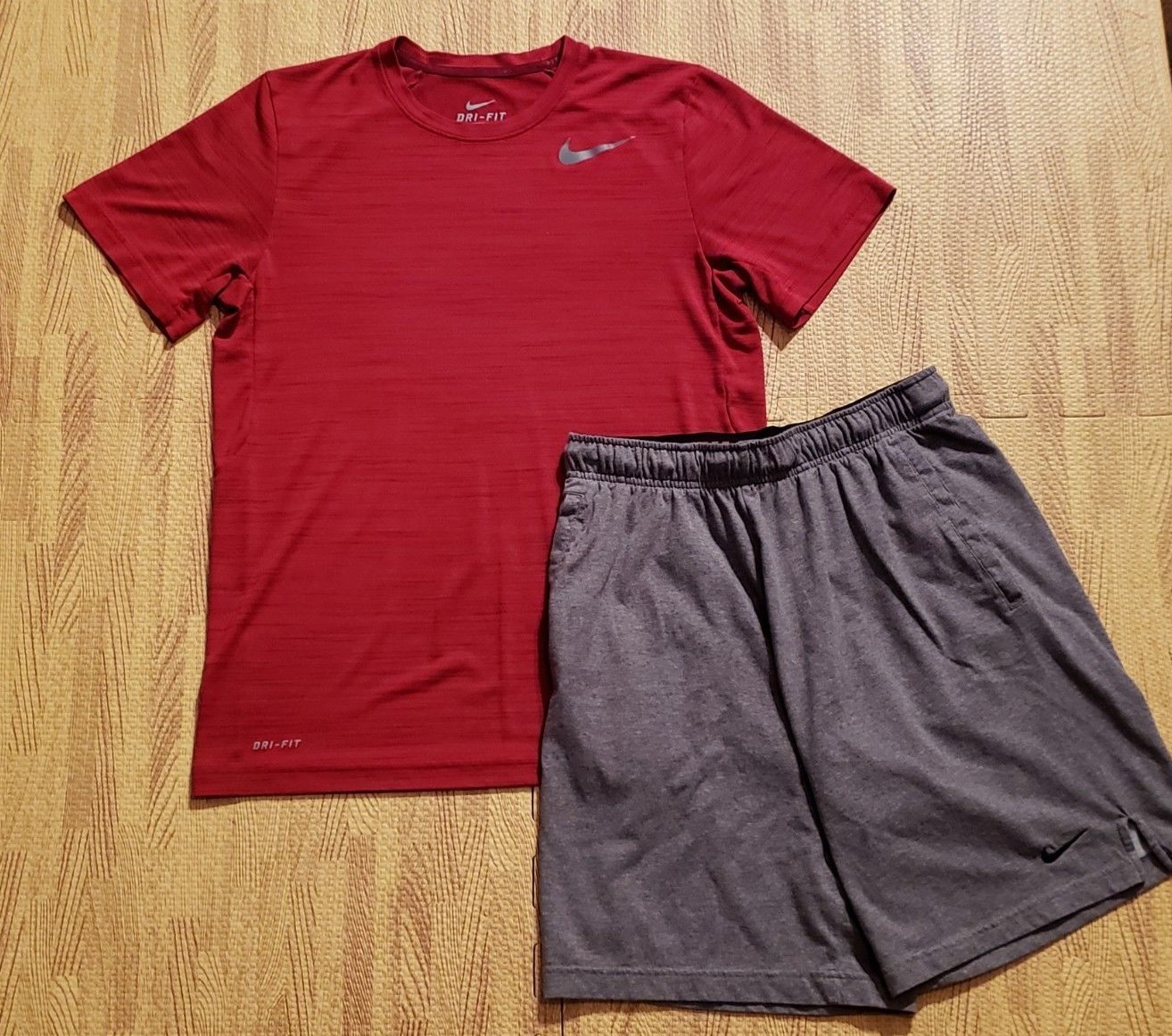 Nike Dri-Fit Red Training Shirt & Dri-Fit Gray Shorts ~ Men's Medium M ~ Combo gallery