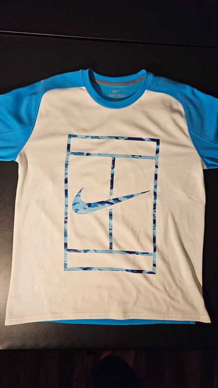 Nike Dri-Fit Tennis Practice Crew Pullover Thick Shirt Mens L White Blue Camo... gallery
