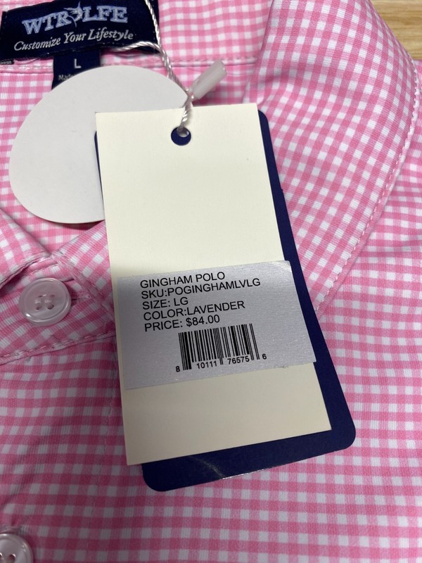 NWT White Water Life Men's Large Pink Gingham Performance Polo Golf Shirt gallery