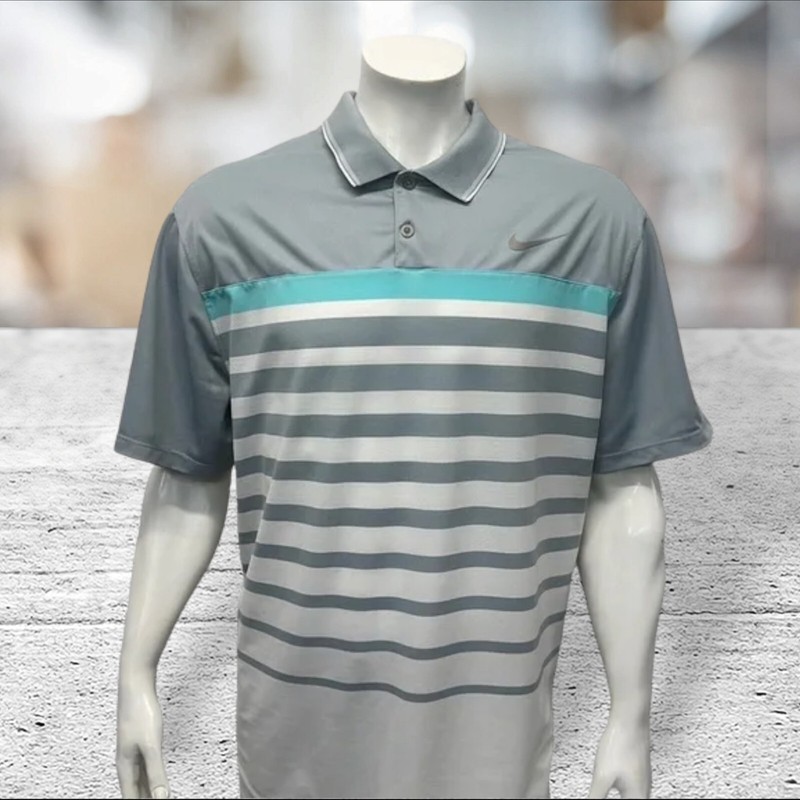 Nike Golf Tour Performance Dri Fit Gray White Green Stripe Men's Polo Shirt XXL gallery