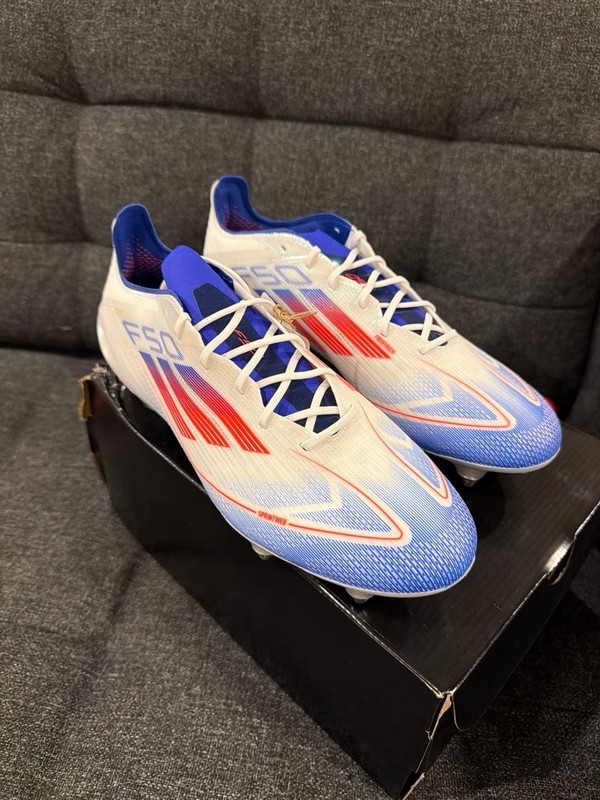 Adidas F50 Elite SG Soccer Cleats - White/Solar Red/Lucid Blue - size 9.5M gallery