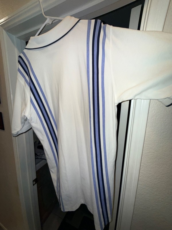 Slazenger Men's L White with vertical Blue Stripes Polo Golf Shirt Short Sleeve gallery