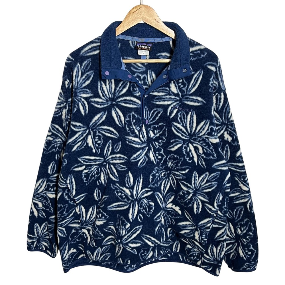 Vintage Patagonia Synchilla Pullover Mens XL Blue Floral Fleece Snap-T 2004