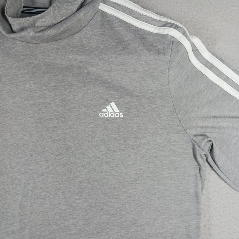 Adidas Hooded Shirt Mens Medium Gray Climalite 3-Stripes Pullover Athletic Logo gallery