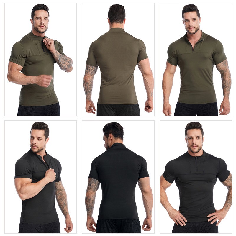 Men Quick Dry Zipper Stand Up Collar Tight Fitting Running Short Sleeved T-shirt gallery