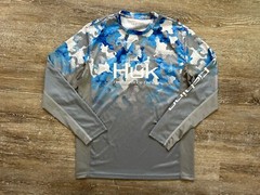 HUK Long Sleeve Fishing T Shirt Performance Men’s Gray Camo Blue Logo Small