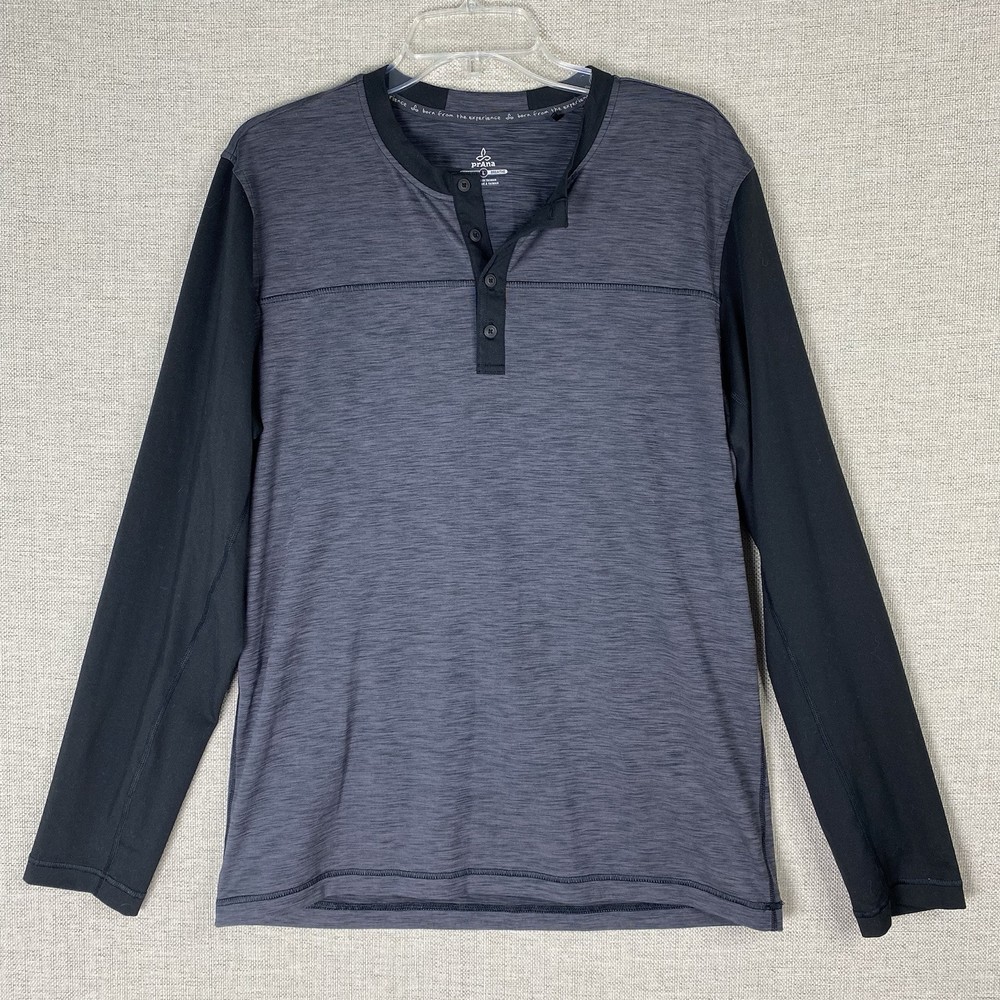 prAna Zylo Shirt Mens L Black Gray Henley Top Button Active Hiking Base Layer