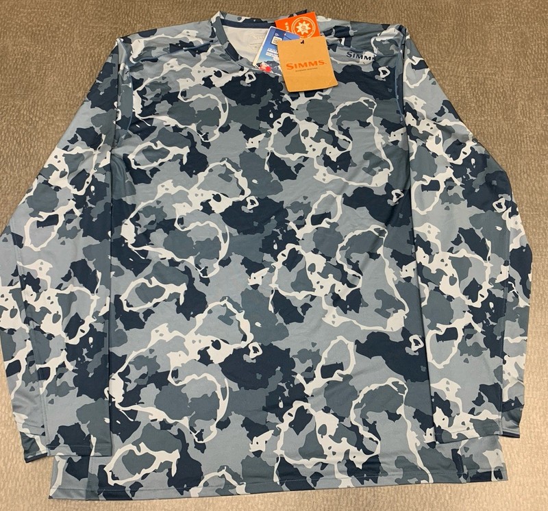 NWT Simms SolarFlex UPF50 Long Sleeve Shirt Blue Camouflage Fishing Protection L gallery