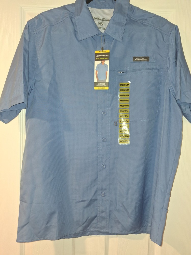 Eddie Bauer Men's Blue Moisture Wicking Woven Tech Short Sleeve Medium Shirt